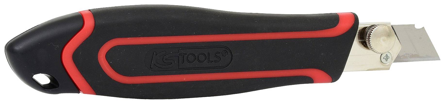 Schwarzer Schneider mit rotem Akzent, ergonomischer Griff und einziehbarer Klinge. Geeignet für Handwerks- und Schneidearbeiten.