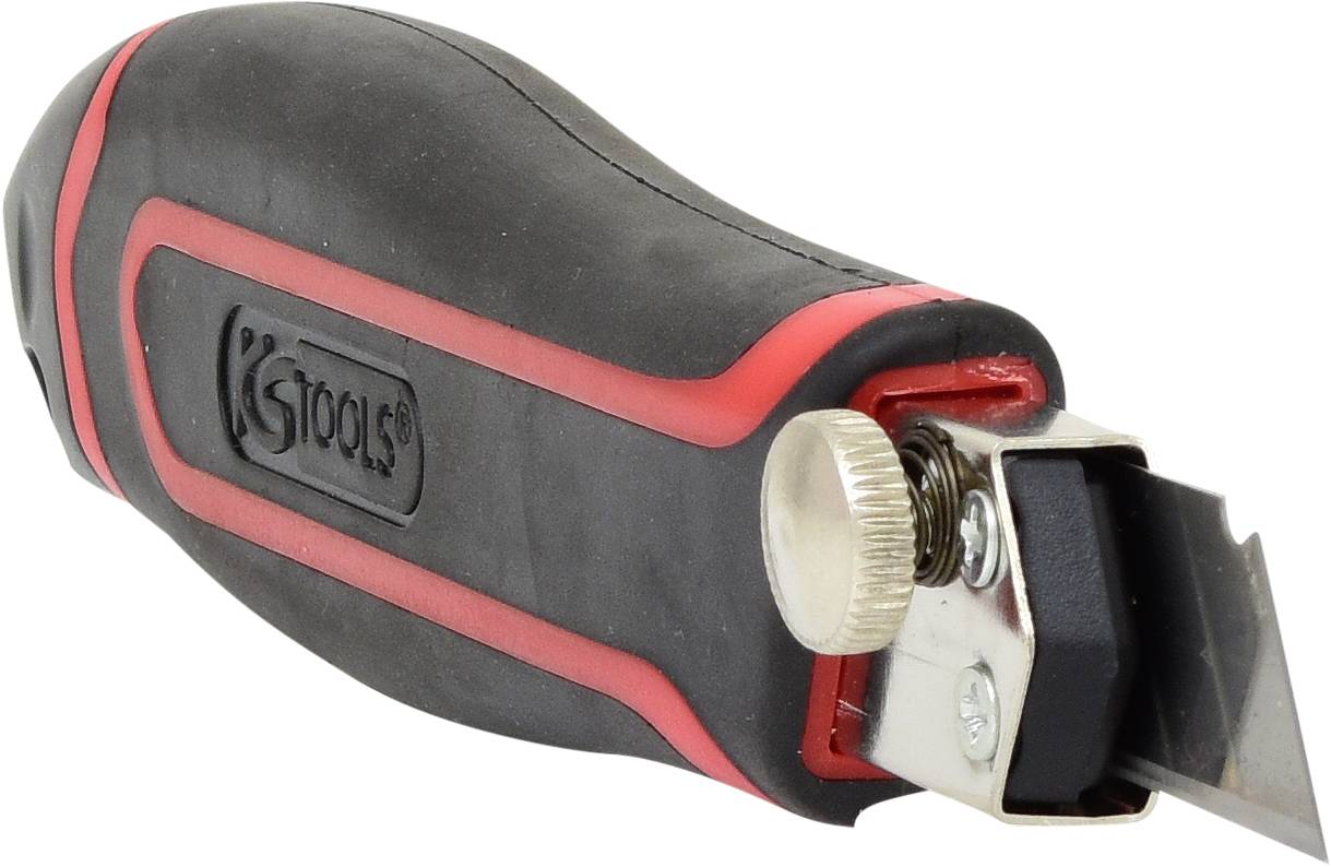 Abgebildet ist ein schwarzes und rotes Cuttermesser mit ergonomischem Griff und ausfahrbarer Klinge, geeignet für präzises Schneiden.