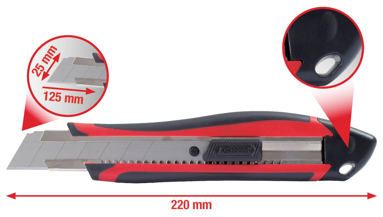Abbildung eines 220 mm langen Teppichmessers mit 25 mm Klingen. Großaufnahme zeigt Klingensperrmechanismus und Griffdesign.