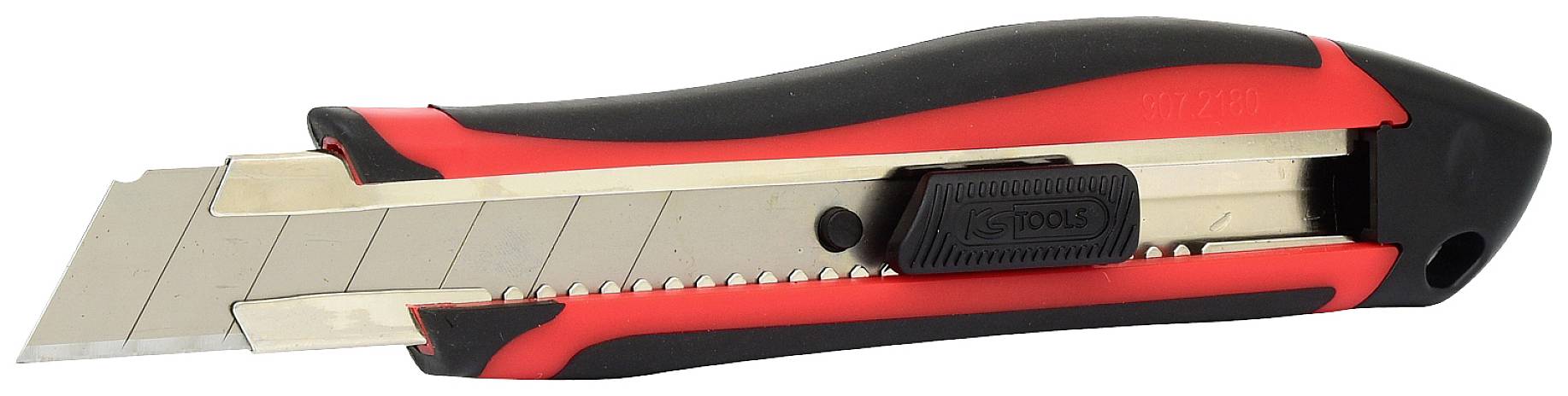 Ein schwarzes und rotes Teppichmesser mit einziehbarer Klinge und Rastersperre für präzises Schneiden.