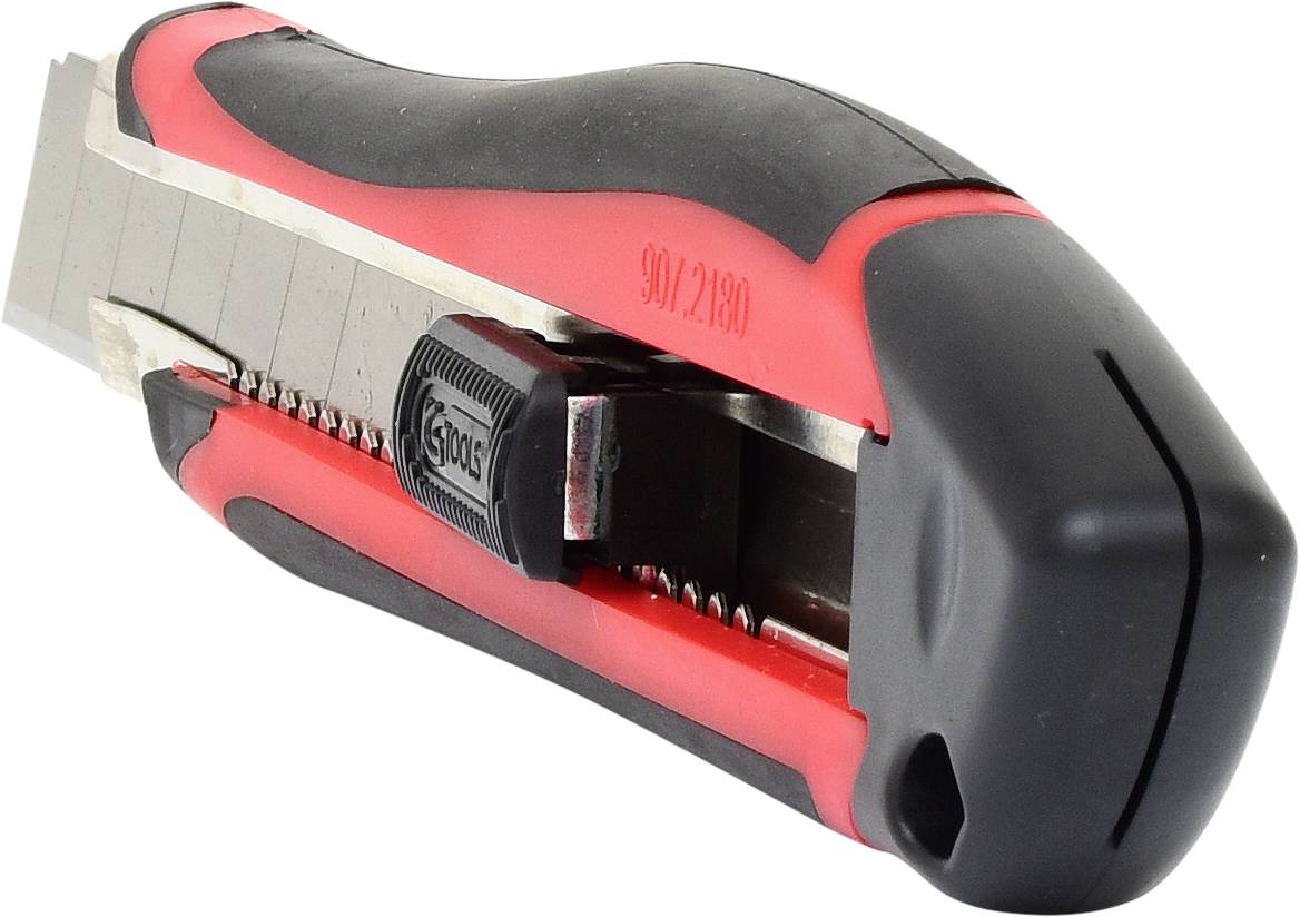 Ein rotes und schwarzes Universalmesser mit ausfahrbarer Klinge, geeignet zum Schneiden verschiedener Materialien, auf weißem Hintergrund.