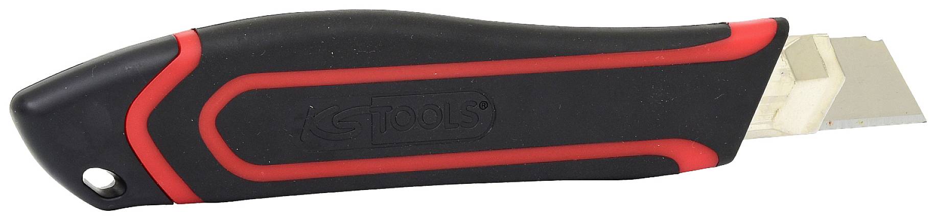 Ein schwarzes Cutter-Messer mit roten Akzenten. Es hat eine sichtbar herausstehende Klinge und ein ergonomisches Design.