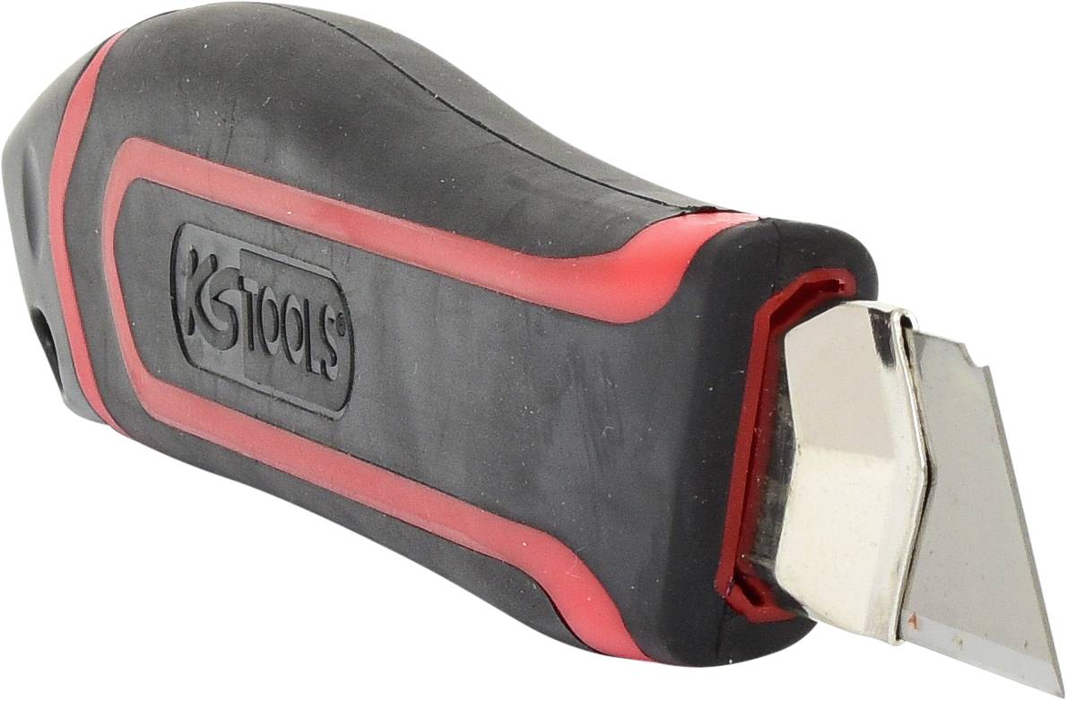 Ein schwarzer Cutter mit rotem Griff und herausstehender Klinge; geeignet zum Schneiden von Papier, Pappe oder Verpackungen.