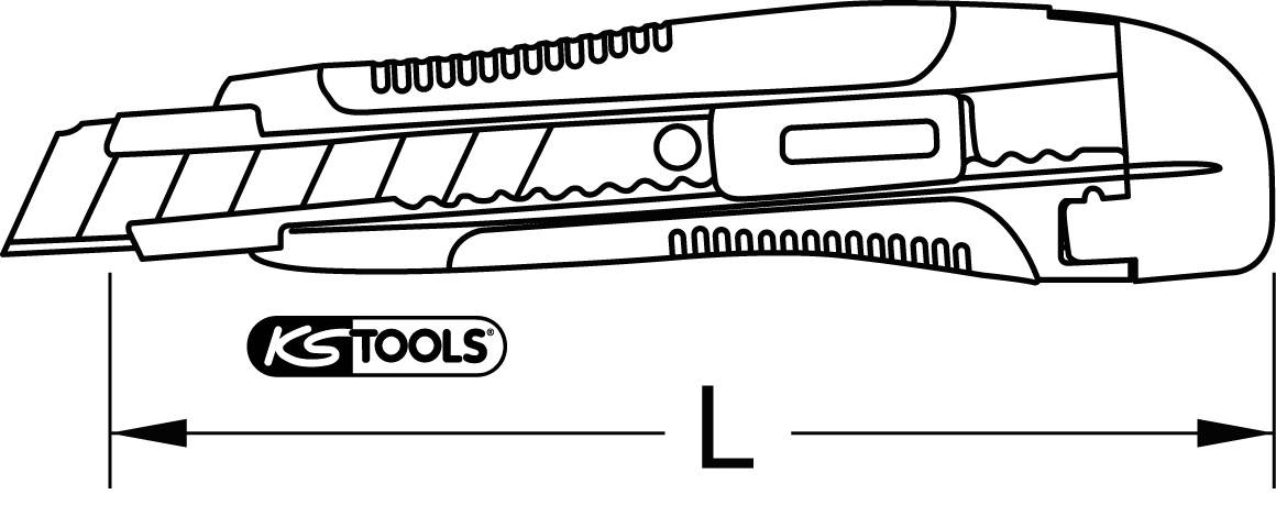 Abbildung eines Cutter-Messers mit einstellbarer Klinge. Daneben ist das Logo 'KS TOOLS' und ein Pfeil, der die Länge 'L' anzeigt.