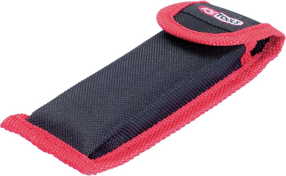 Schwarzes und rotes Werkzeugholster aus Stoff mit Klettverschluss.