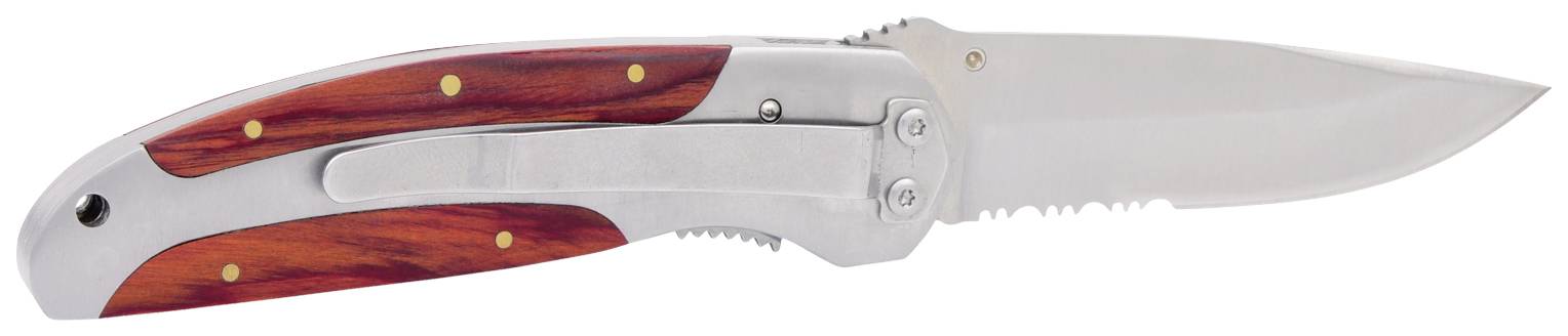 Ein zusammengeklapptes Klappmesser mit einer glänzenden Klinge und Griffen aus rotbraunem Holz und Metallakzenten.