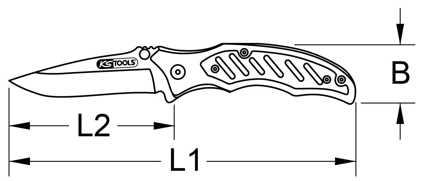 Ein Klappmesser mit dem Logo 'KS Tools' auf der Klinge ist dargestellt. Maße sind angegeben: Gesamtlänge (L1), Klingenlänge (L2), Höhe (B).