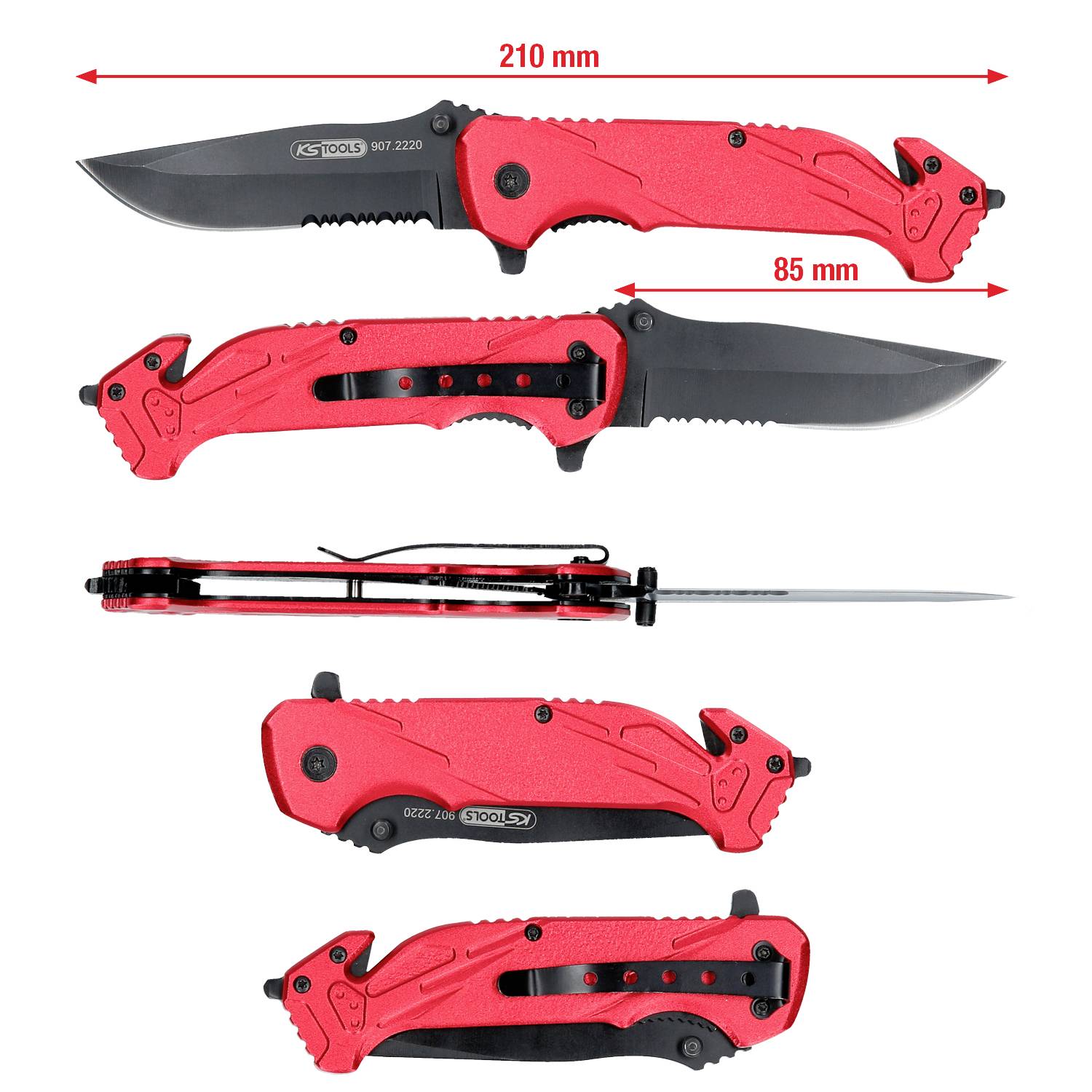 Mehrere Ansichten eines rot-schwarzen Klappmessers mit technischen Details: Gesamtlänge 210 mm, Griff 85 mm.