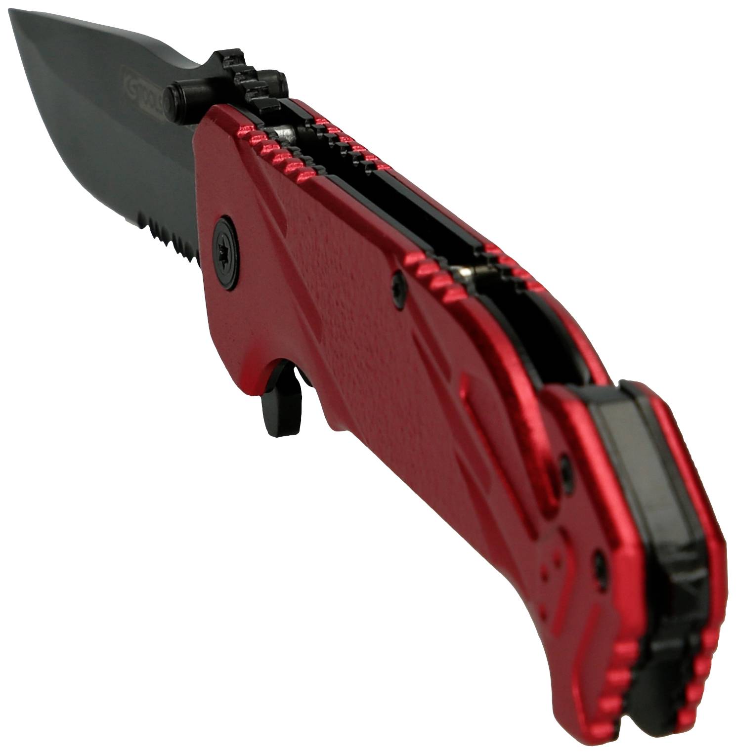 Ein rotes, zusammenklappbares Taschenmesser mit schwarzer Klinge und gezackter Kante.