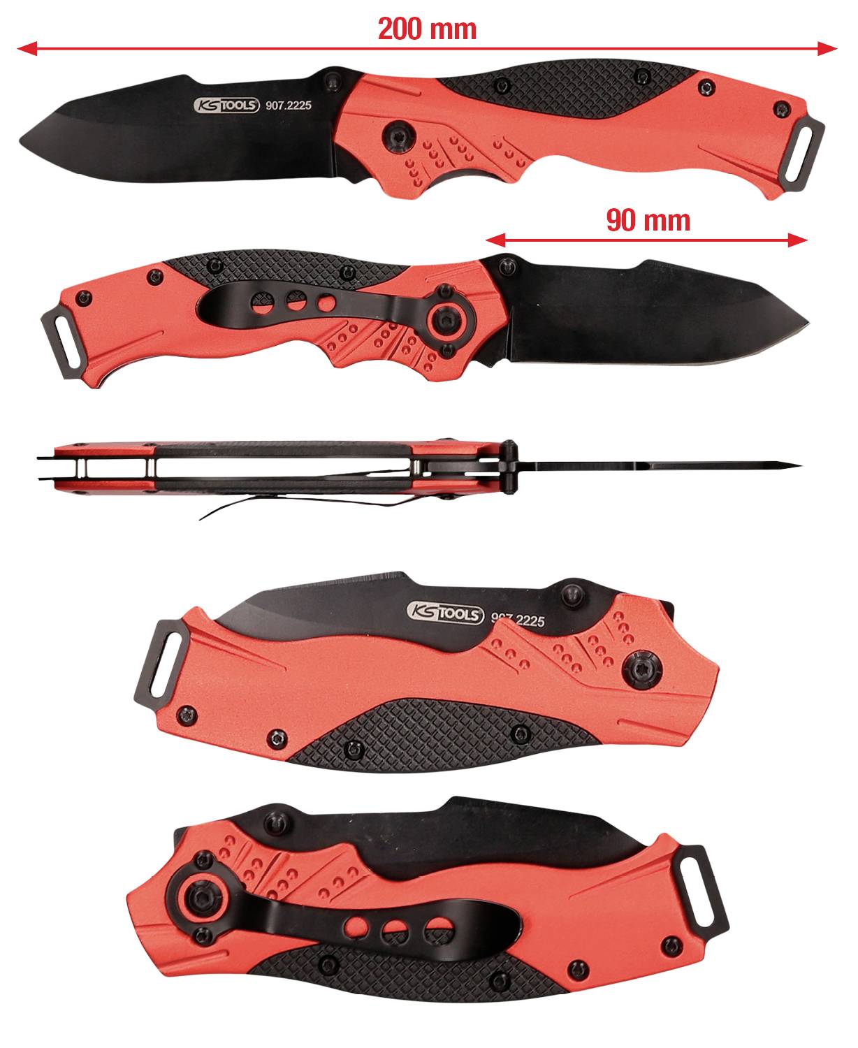 Zusammenklappbares Taschenmesser mit rotem Griff, 20 cm geöffnet, 9 cm geschlossen, schwarzer Klinge, zeigt verschiedene Ansichten.