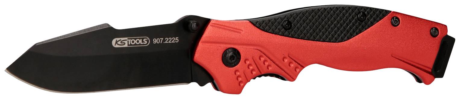 Ein rot-schwarzes Klappmesser mit glattem und gezacktem Schneidenbereich, geeignet für Outdoor- oder Handwerksarbeiten.