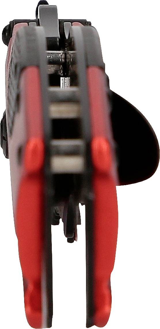 Ein rotes, multifunktionales Taschenmesser. Blick von oben auf die geöffnete Struktur, zeigt verschiedene Werkzeugklingen.