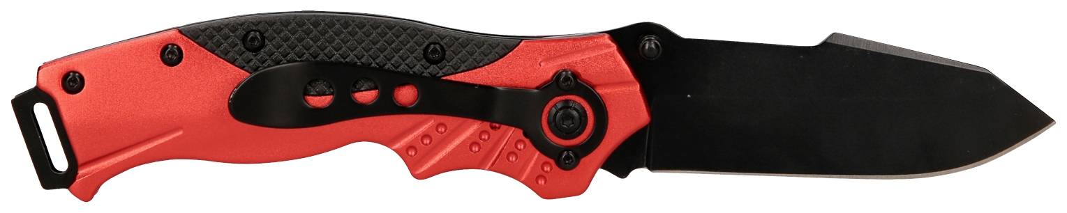 Ein rotes und schwarzes Klappmesser mit schwarzer Klinge und Sicherheitsmechanismus, auf weißem Hintergrund dargestellt.