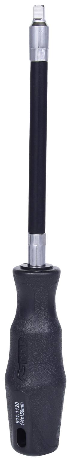 Ein schwarzer Schraubendreher mit langem, schmalem Schaft und silberner Spitze, geeignet für präzise Schraubarbeiten.