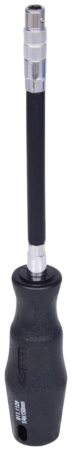 Ein Mikrometerschraubenzieher mit schwarzem Griff, langer Metallstange und gerändelter Metallspitze, geeignet für präzises Schrauben.