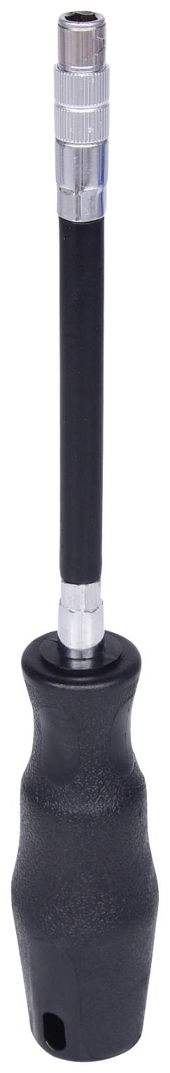 Ein schwarzer Schraubendrehergriff mit einem angebrachten Metallverlängerungsstab, geeignet für präzise Arbeiten.