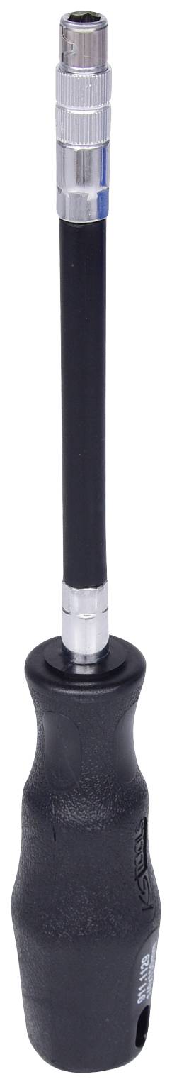 Ein langer, schwarzer Schraubendreher mit ergonomischem Griff und metallenem Schaft. Das Werkzeug ist für präzise Arbeiten geeignet.