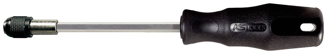 Ein Schraubendreher mit schwarzem Griff und silberner Klinge liegt horizontal. Der Griff hat eine runde Form mit seitlichem Loch.