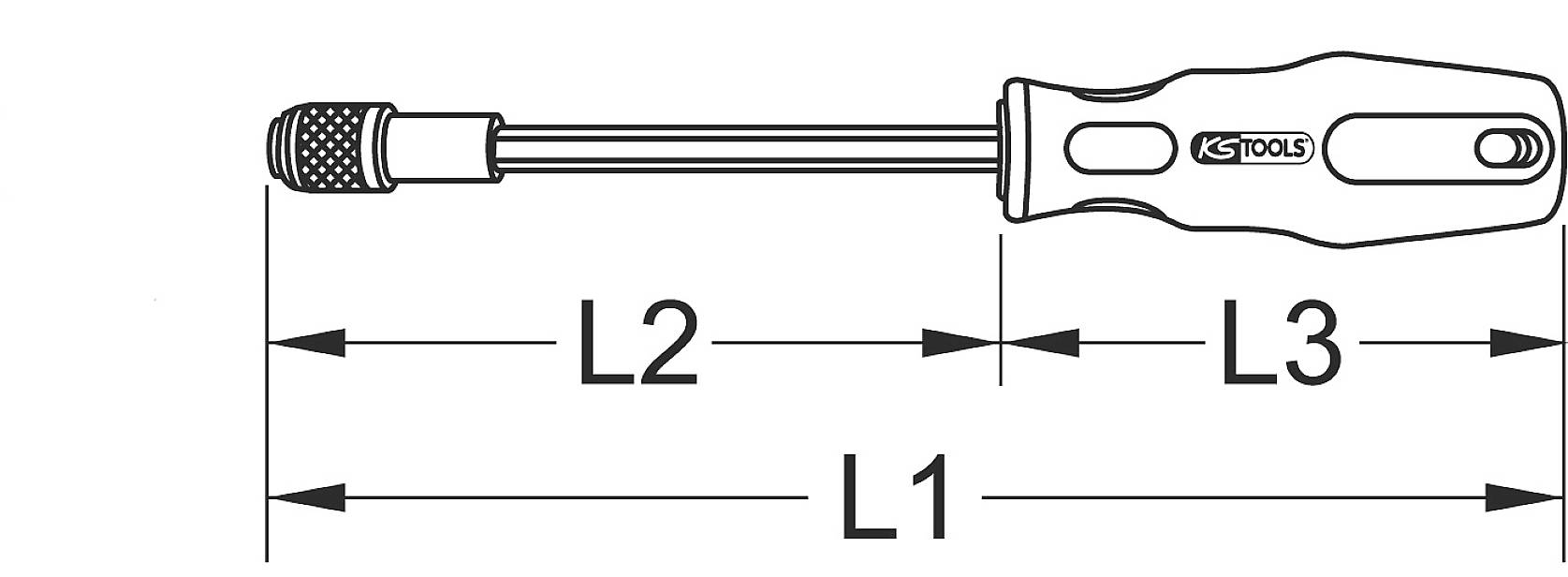 Abbildung eines Schraubendrehers mit Griff und Schaft. Längen L1, L2, L3 sind markiert. Griff mit ergonomischem Design.