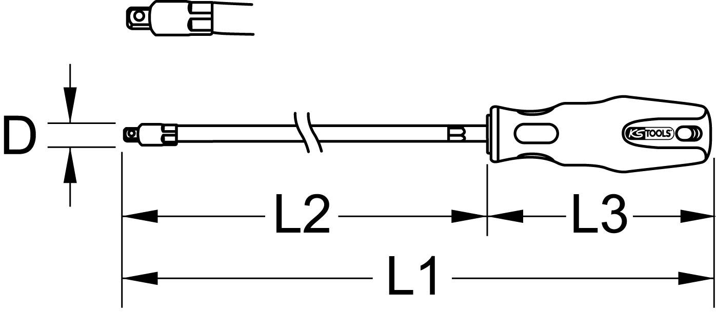 Technische Zeichnung eines Schraubendrehers mit den Maßen D, L1, L2 und L3. Griff mit Markierung 'KS TOOLS'.