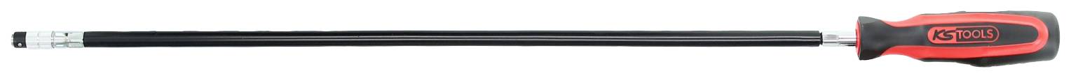 Ein roter Schraubendreher mit einem langen schwarzen Schaft und einer magnetischen Spitze, geeignet für schwer zugängliche Stellen.