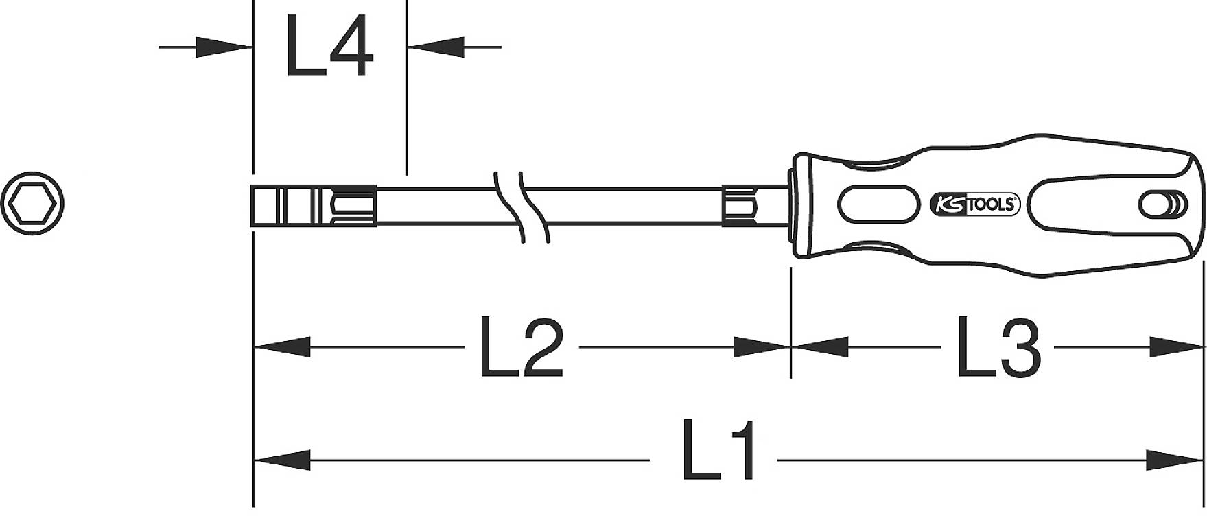 Abbildung eines Schraubendrehers mit Maßen. Markiert sind L1, L2, L3 und L4, um Längenabschnitte vom Griff bis zur Spitze darzustellen.