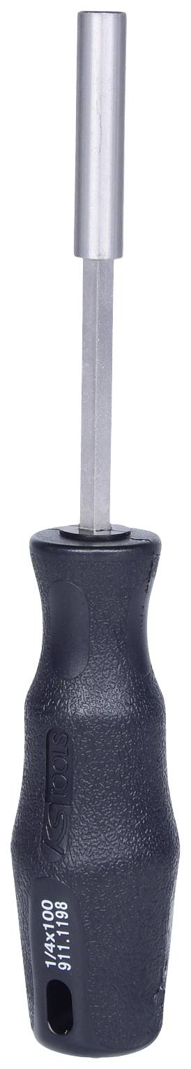 Schraubenzieher mit schwarzem, ergonomischem Griff und langem, silbernem Schaft.