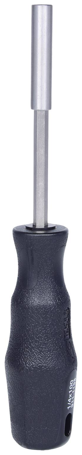 Schraubendreher mit schwarzem Griff und silberner, gerader Klinge.