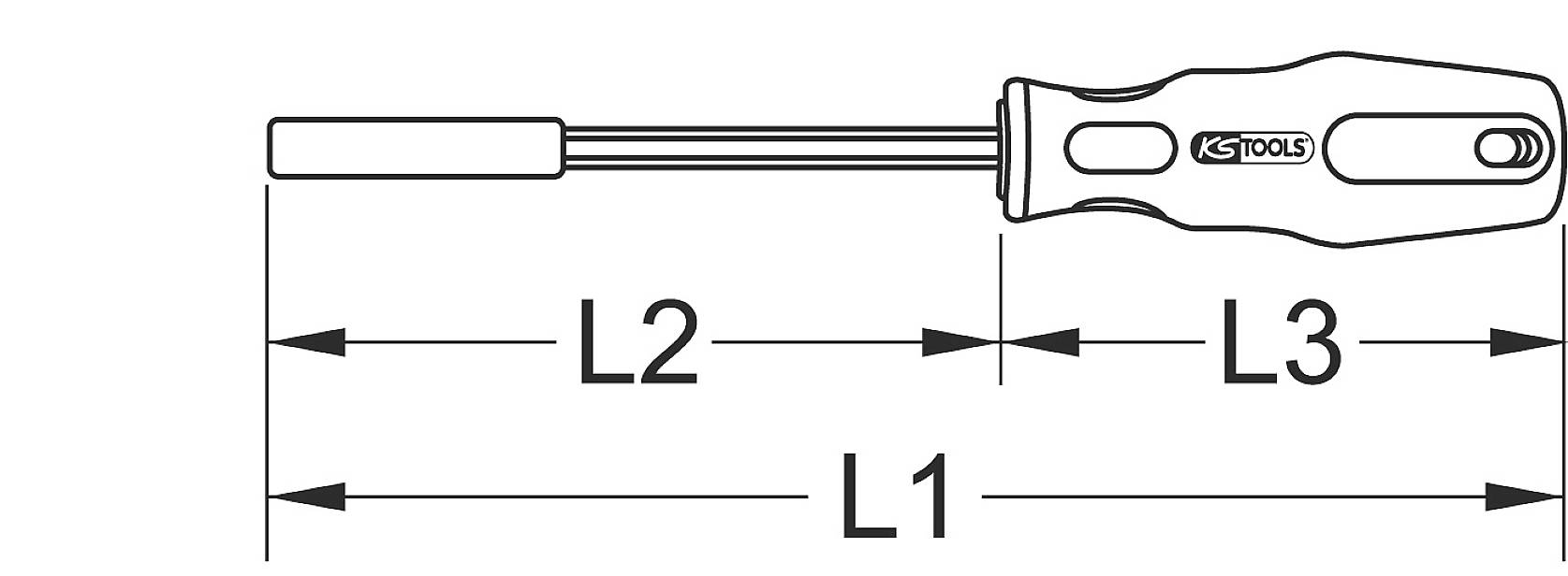 Technische Zeichnung eines Schraubenziehers mit Griff. Maße L1, L2, und L3 markieren verschiedene Abschnitte des Werkzeugs.
