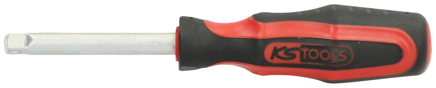 Ein schwarzer und roter Schraubendreher mit flachem Kopf, geeignet zum Anziehen oder Lösen von Schrauben mit Schlitzkopf.