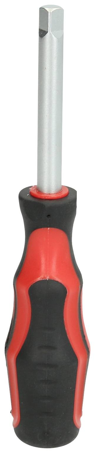 Schraubendreher mit schwarzem und rotem Griff, Sechskantklinge. Geeignet für handwerkliche Arbeiten.