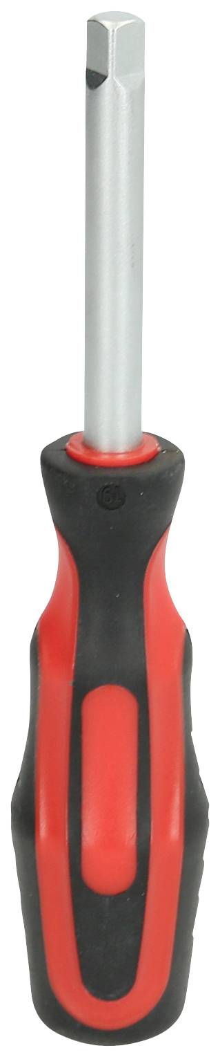 Roter und schwarzer Schraubendreher mit ergonomischem Griff und quadratischer Spitze, geeignet für handwerkliche Arbeiten.