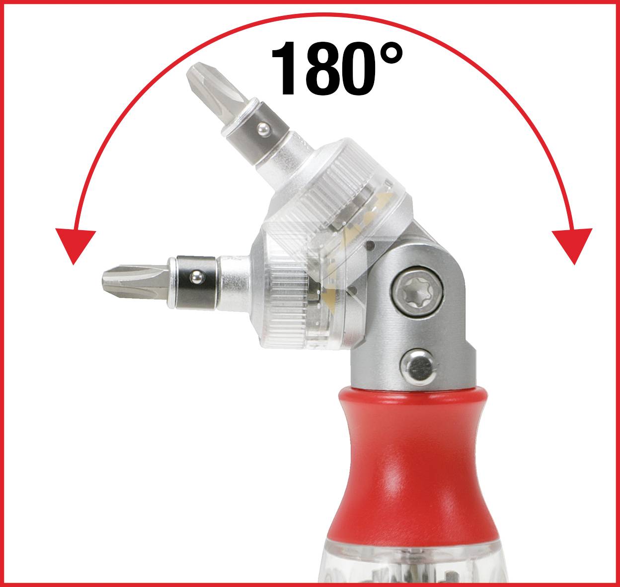 Ein drehbarer Schraubendreher mit einem 180-Grad-Schwenkbereich, ausgestattet mit zwei verschiedenen Schraubendreherbits.