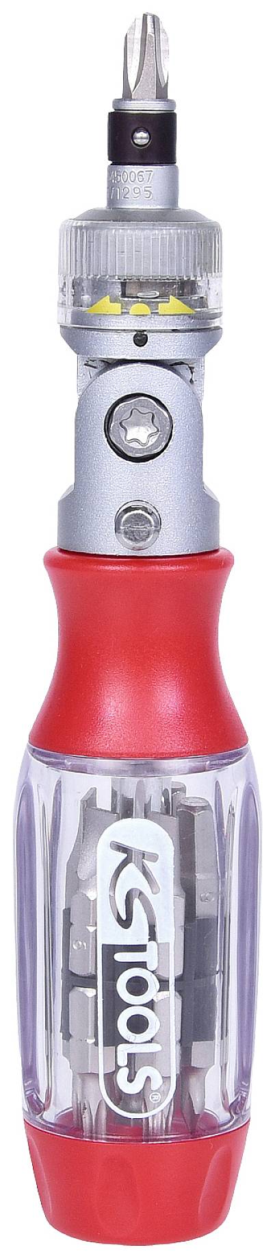 Ein vielseitiger Schraubendreher mit rotem Griff, transparentem Aufbewahrungsteil und magnetischem, wechselbarem Bitkopf. Geeignet für verschiedene Schraubenarten.