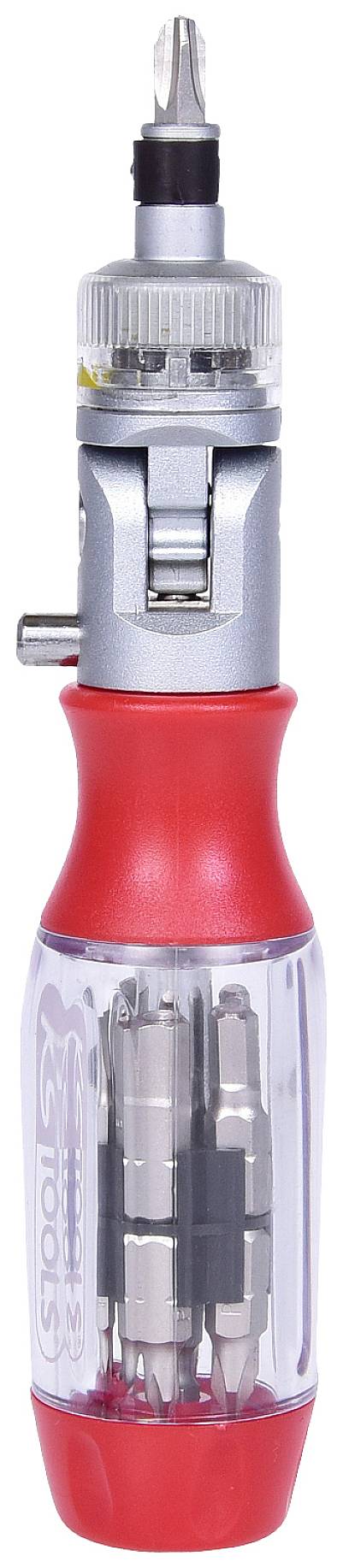 Ein Multifunktions-Schraubendreher mit rotem Griff und mehreren auswechselbaren Spitzen, die im transparenten Griff aufbewahrt werden.