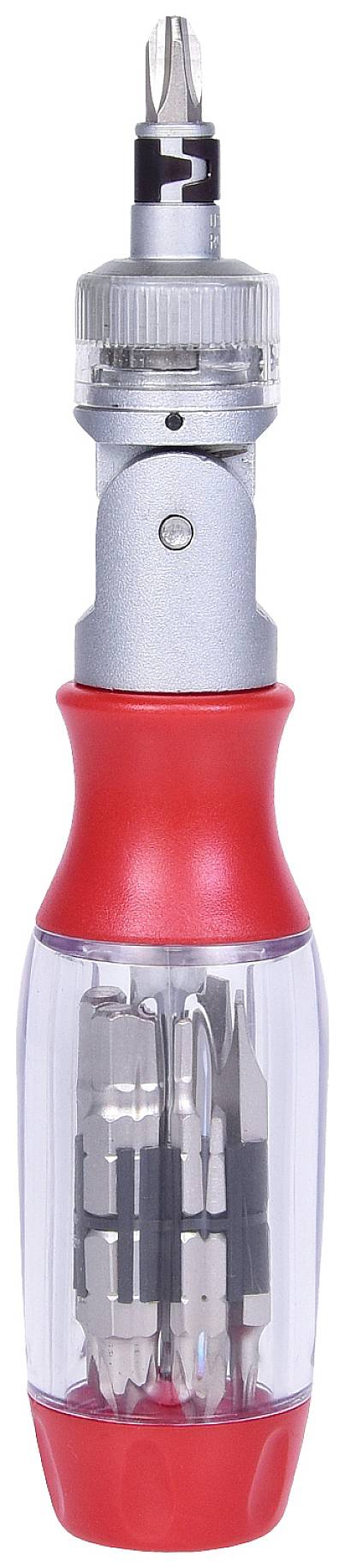 Akkuschrauber mit rotem Griff und durchsichtiger Aufbewahrung für verschiedene Bits. Oberes Ende mit Bohrerspitze. Ideal für Heimwerker.