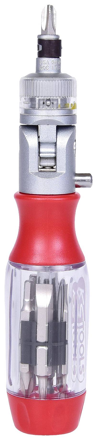 Ein roter Schraubendreher mit austauschbaren Bits im Griff. Der obere Teil hat eine Ratschenfunktion und ein Bit ist eingesetzt.