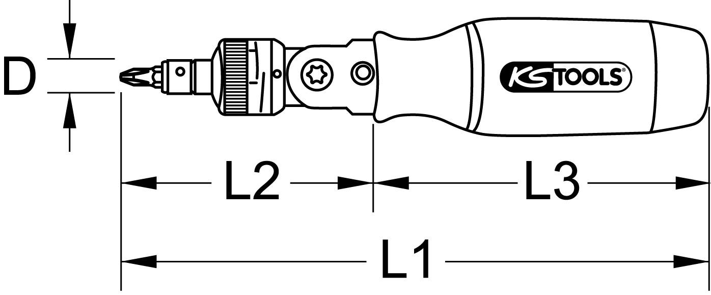 Schraubendreher mit austauschbarer Spitze; markiert mit Größenangaben D, L1, L2, L3. Markennamen auf dem Griff.