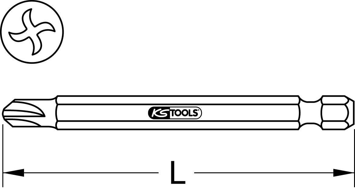 Doppelter Schraubendreher-Bit mit Kreuzschlitzspitze und Sechskantansatz. Länge 'L', Marke auf der Seite.
