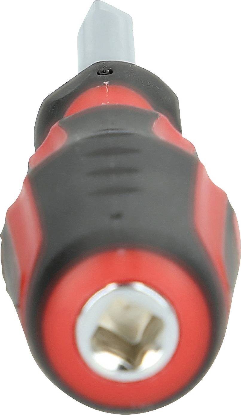 Nahaufnahme eines Schraubendrehers mit rotem und schwarzem Griff, der einen metallischen Bit hält.