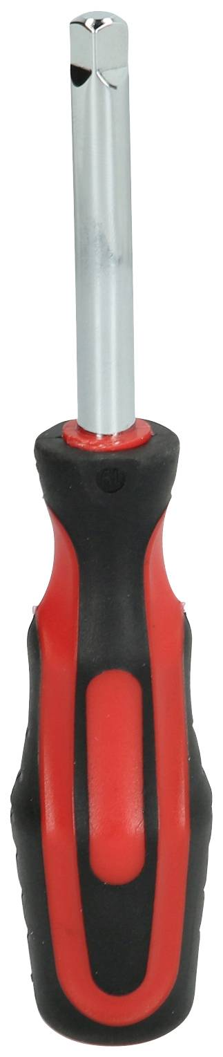 Ein Schraubendreher mit schwarzem und rotem Griff, metallischer Schaft und kreuzförmige Spitze, vertikal ausgerichtet.