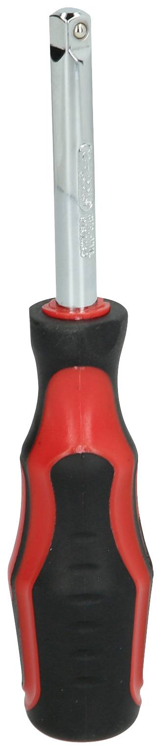 Ein Schraubendreher mit einem rot-schwarzen Griff und einem Metallkopf.