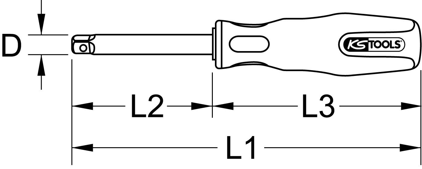 Technische Zeichnung eines Schraubendrehers mit Maßangaben. Beschriftet 'KS Tools'. Länge des Schafts 'L2', Griff 'L3', Gesamt 'L1'.