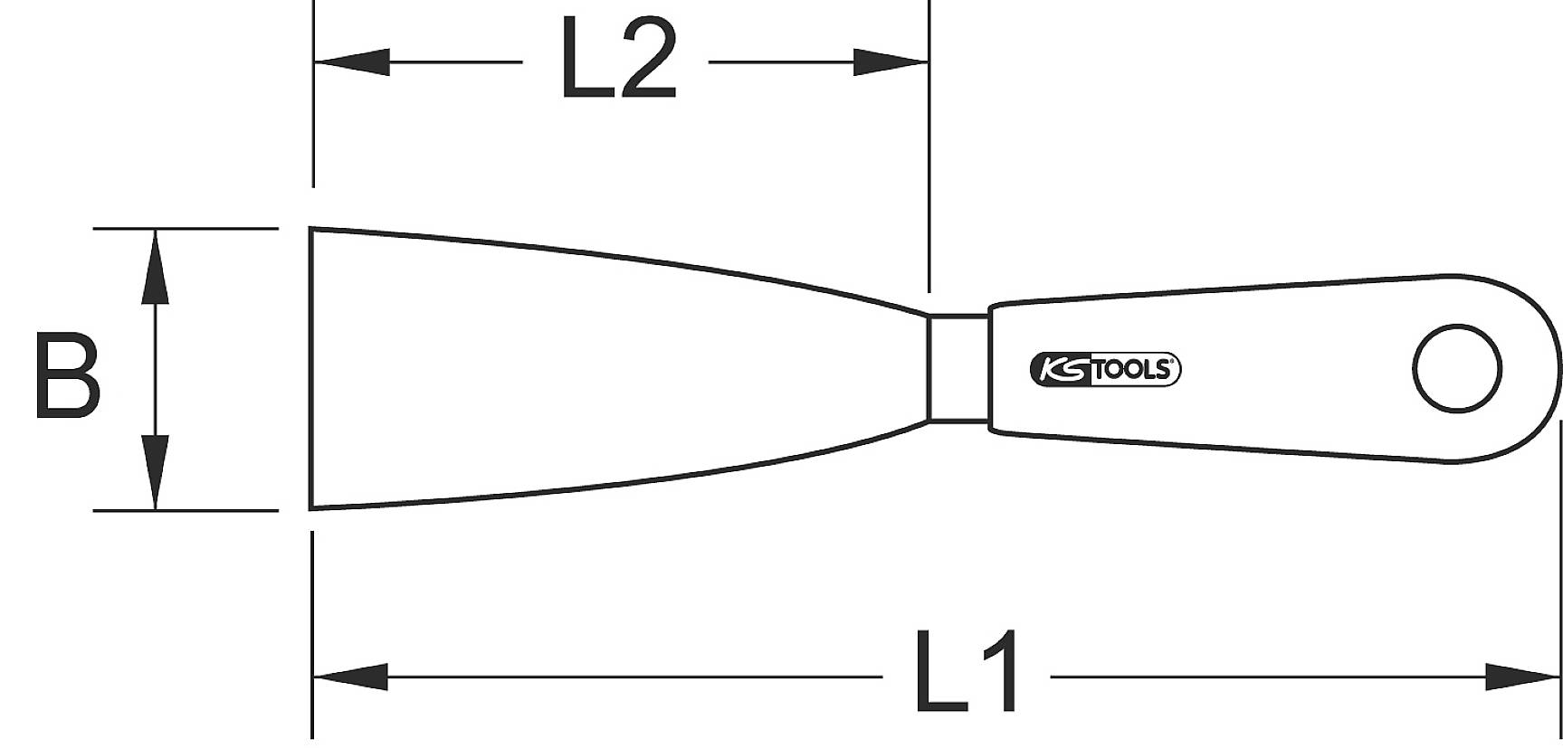 Werkzeugdiagramm: Spachtel mit Maßen L1, L2 und B. Griff mit KS Tools-Logo, Klinge schräg, Maße in der Abbildung dargestellt.