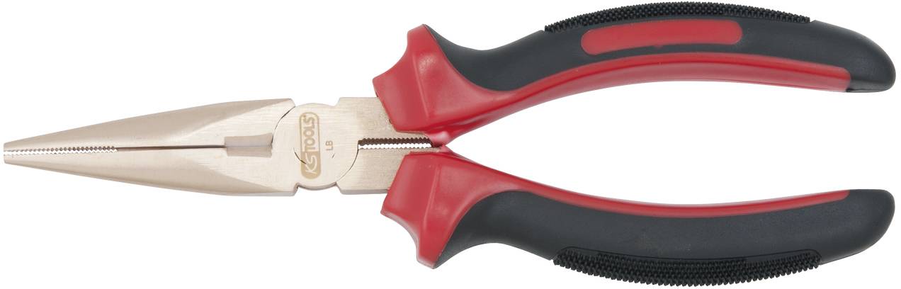 Eine rote und schwarze Spitzzange mit Metallbacken, auf weißem Hintergrund. Sie wird zum Greifen und Biegen kleiner Gegenstände verwendet.
