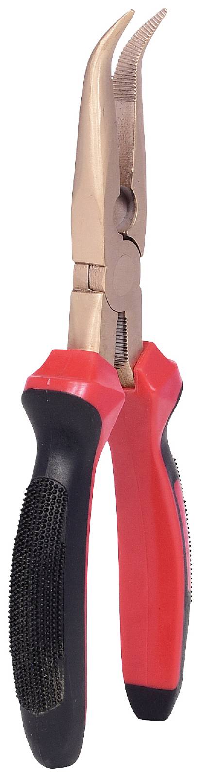 Lange, gebogene Spitzzange mit rot-schwarzem, rutschfestem Griff. Geeignet zum Greifen oder Schneiden von Drähten und kleinen Objekten.