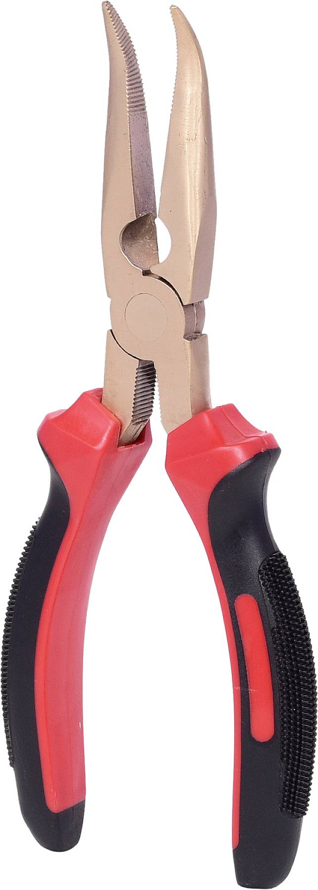 Rote und schwarze Kombizange mit Metallkopf, geöffnet und bereit zur Verwendung.