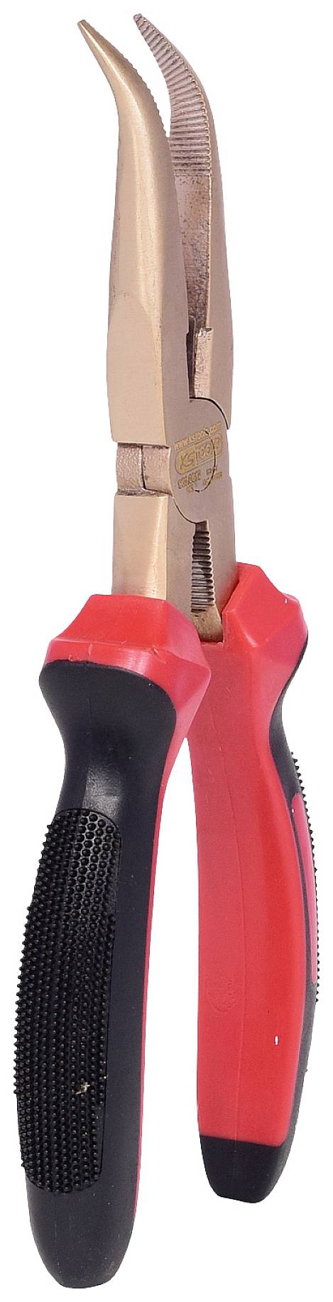 Eine Flachzange mit rotem und schwarzem Griff, geeignet zum Greifen und Halten von kleinen Objekten oder Draht, auf weißem Hintergrund.