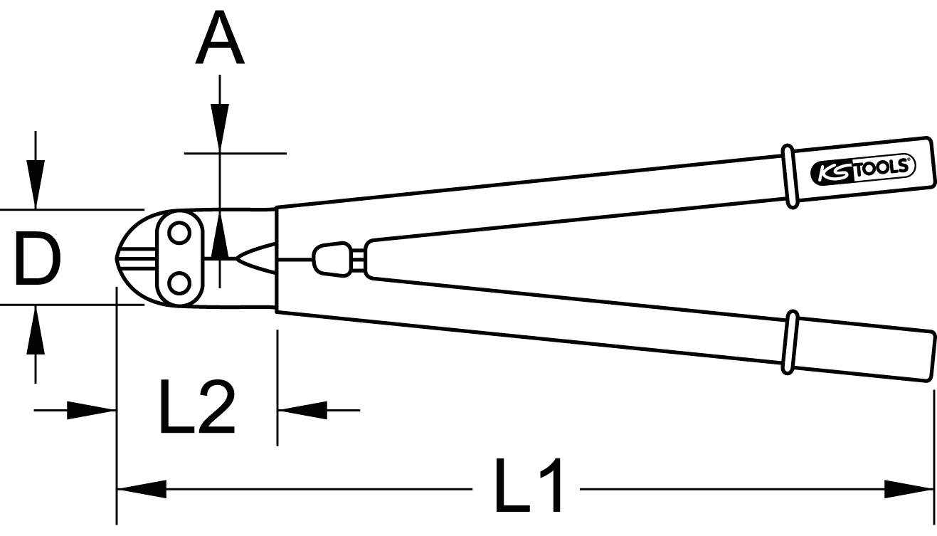 Diagramm eines Bolzenschneiders von KS Tools. Zeigt Maße: Länge der Griffe 'L1', Scherenlänge 'L2', Schraubendurchmesser 'D', und andere Abmessungen.