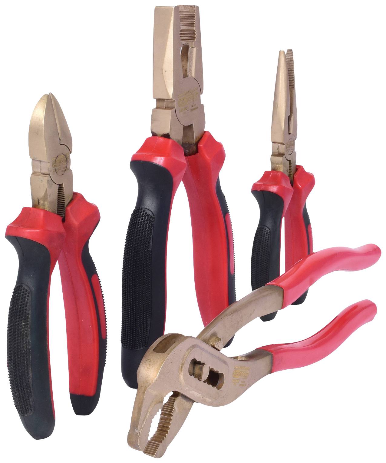 Vier verschiedene Handwerkzeuge mit roten und schwarzen Griffen: Kombizange, Seitenschneider, Spitzzange und Wasserpumpenzange.